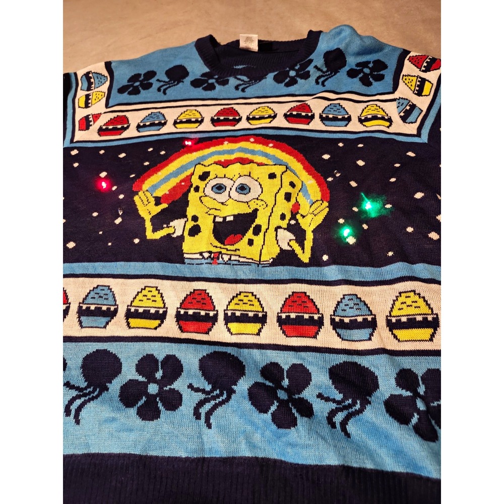 SpongeBob SquarePants Light Up Ugly Christmas Sweater Nickelodeon Adult L Blue